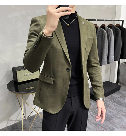 2023 Spring Suede Suit Jacket Men Casual Business Slim Fit Blazer Deerskin Leather Jacket Men Wedding Street Wear Social Coat