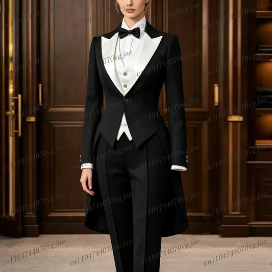 Black And White Long Women Suit Formal Business Wedding Party Prom Ladies Mother Girl Tuxedos 3 Piece Set Blazer Vest Pants