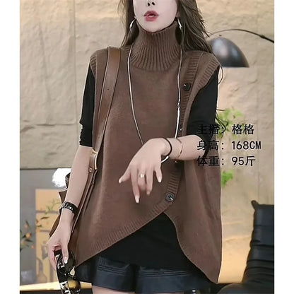 Women Large Size 4XL Knit Waistcoat Coat Ladies Irregular Sweater Vest Tops Autumn Female High Collar Sleeveless  ﻿