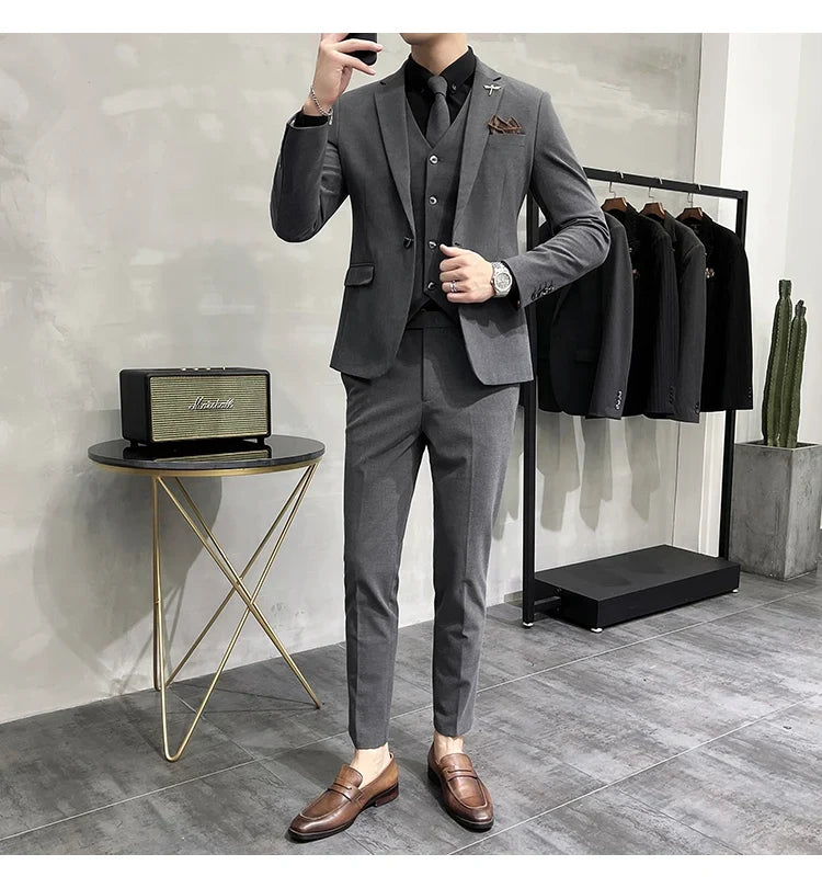 (Jacket +Vest+Pants) Plus Size 7XL-S Men Korean Slim Fit Groom Wedding Business Casual Tuxedo Mens Work Social Suit 3 Pieces