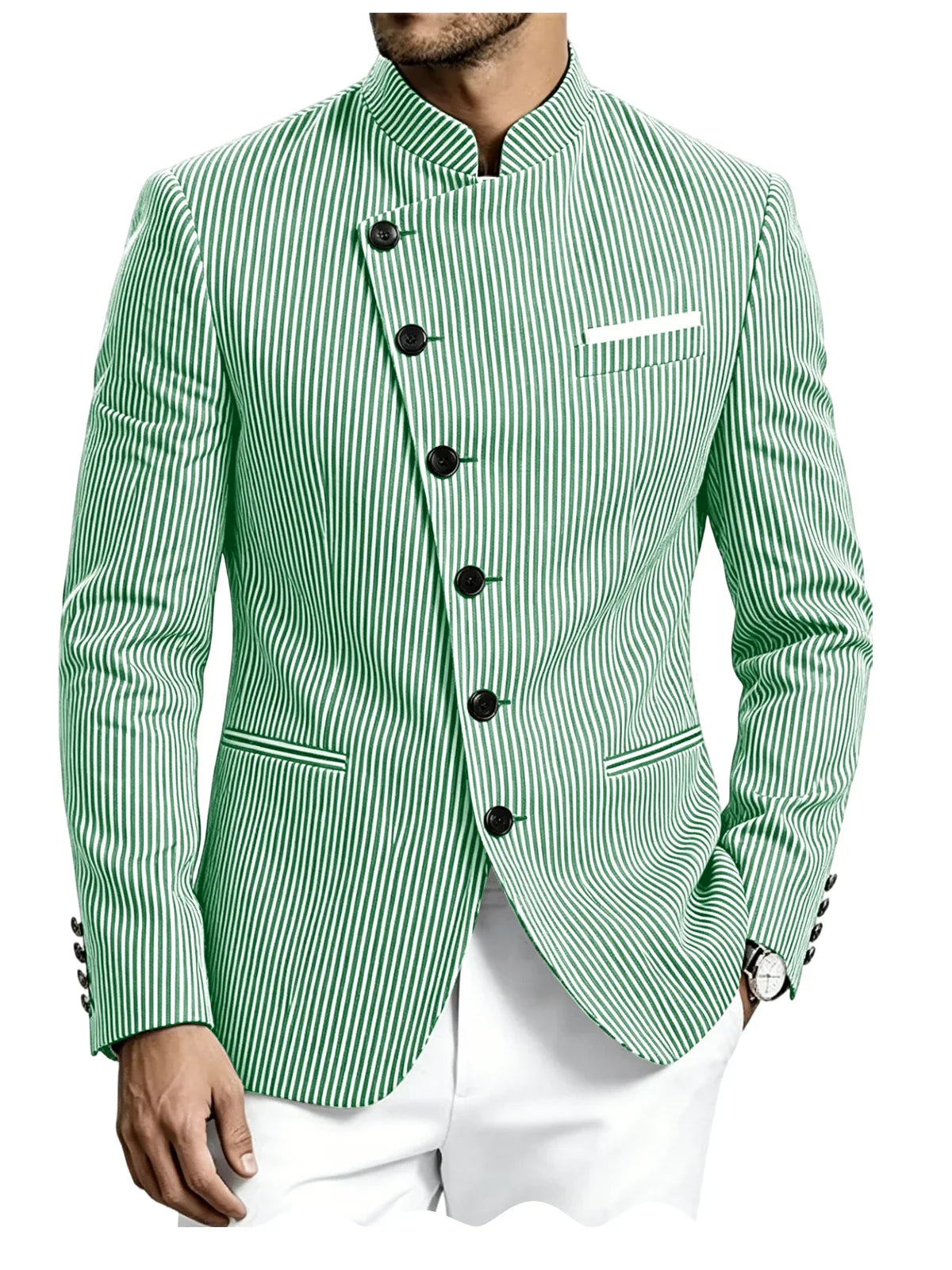 Men Mandarin Collar Suit Jacket Stand Collar Asymmetrical Single Breasted Men Blazer Slim Fit Business Formal Coat For Business