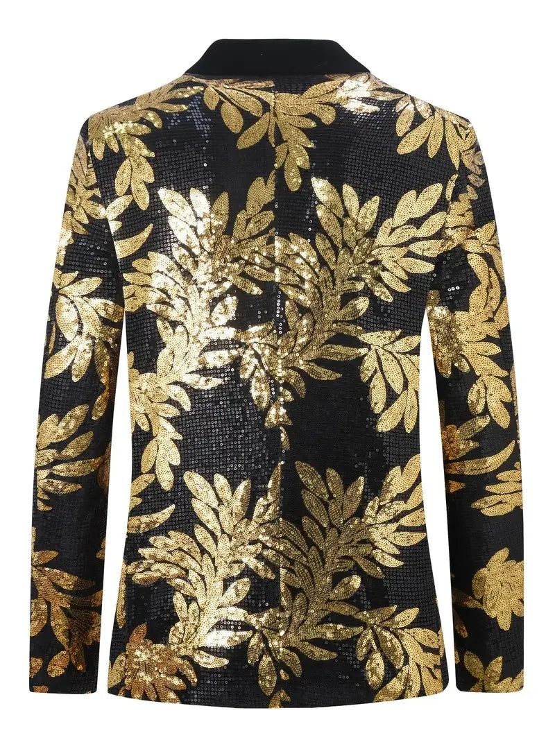 Fashion Gold Black Sequins Blazer For Men Shiny Glitter Sequined Suit Jacket Shawl Collar Wedding Party Banquet Stage Costume