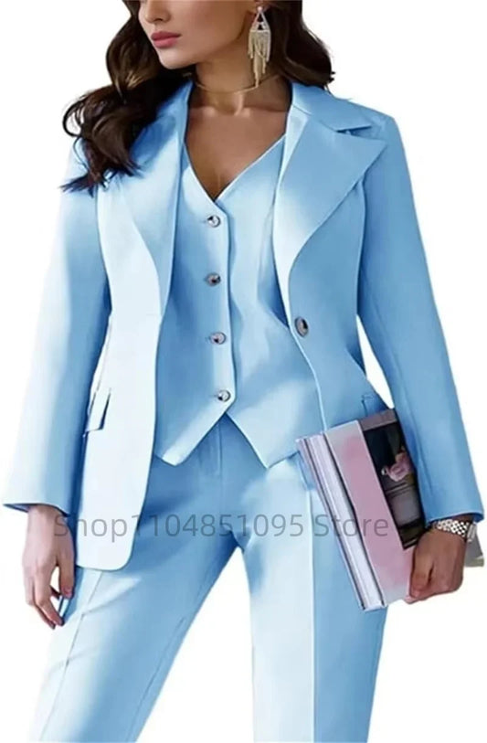 Spring Summer Elegant Casual Pant Suits Blue Women's Western-Style 3PCS Set Smooths Silhouette Through Commuting Lady Office Set