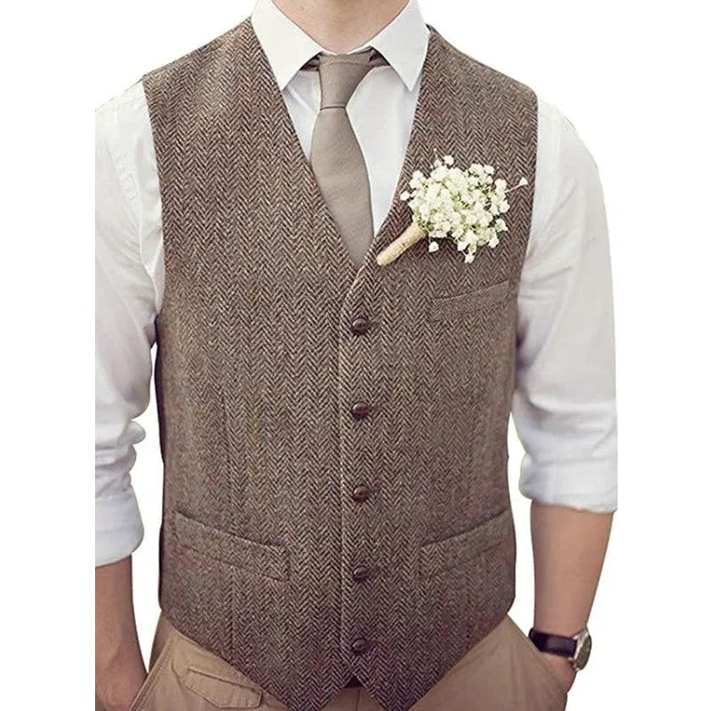 Men's Vest Herringbone V-Neck Single Button Waistcoat for Wedding, Business & Casual Wear