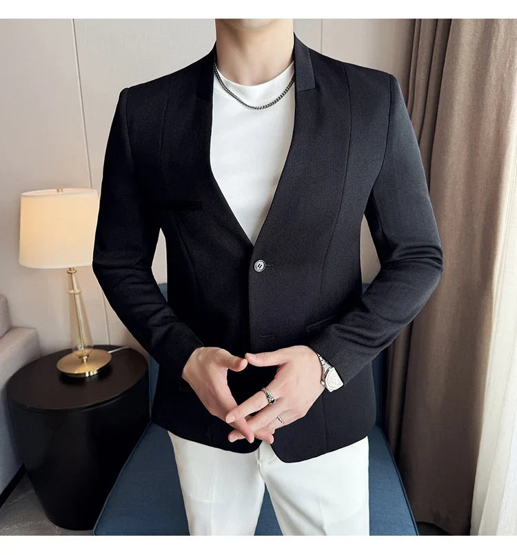 Chinese Style Collarless Suit Jacket Men Fashion Slim Fit Versatile Blazers Male Casual Business Wedding Groom Dress Jacket 2025