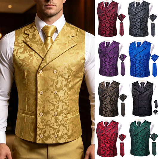 Men's Waistcoat Tropical Plant Jacquard Large Lapel Double Breasted Vest Set for Weddings & Banquets