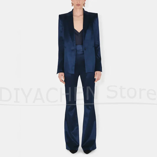 Fashion Women's Navy Blue Satin Suit Set One Button Blazer Flared Pants Two Piece Party Evening Wear Luxury Elegant Suits