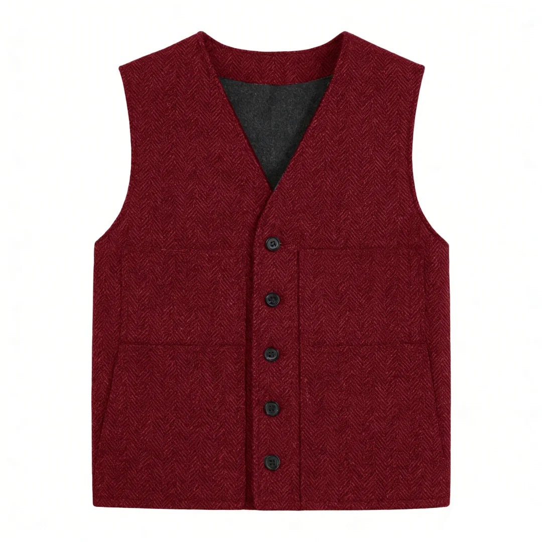Men's Vest Gray Herringbone Single Button V-Neck Waistcoat for Wedding & Business