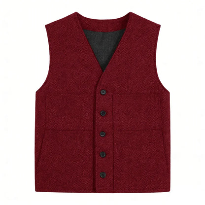 Men's Vest Gray Herringbone Single Button V-Neck Waistcoat for Wedding & Business