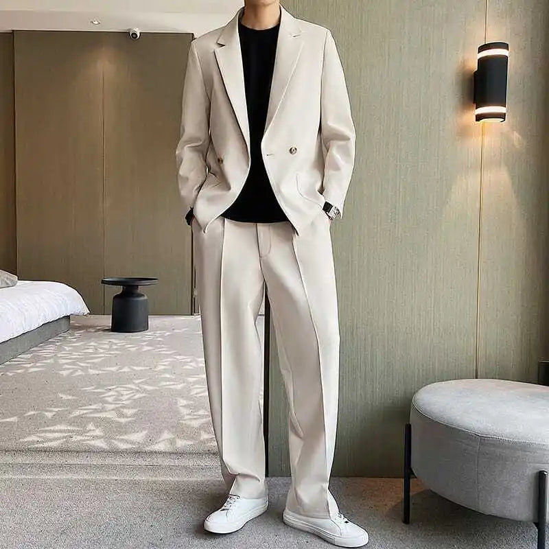 Men's Spring Autumn Casual Blazer Set Korean Slim Fit Lightweight Loose Smart Chic Suit Jacket Fashion Trendy Top