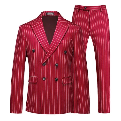 Fashion Men Double Breasted Striped Suit 2 Piece Black / Wine Red Homme Business Social Wedding Party Blazers and Trousers