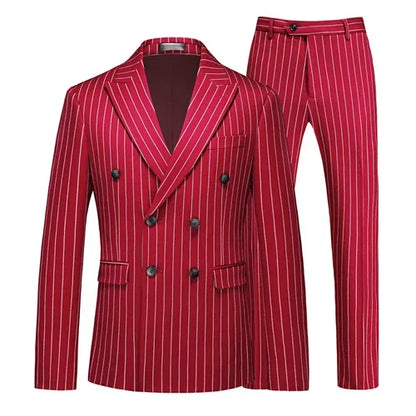 Fashion Men Double Breasted Striped Suit 2 Piece Black / Wine Red Homme Business Social Wedding Party Blazers and Trousers