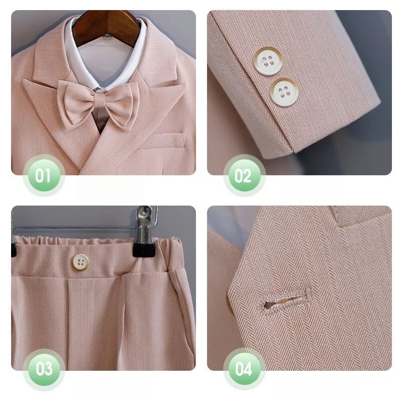 Kids 5Pieces Pure Pink Suit Set With Jacket Vest Pants Bowtie Brooch Boys Wedding Birthday Party Piano Performance Costume