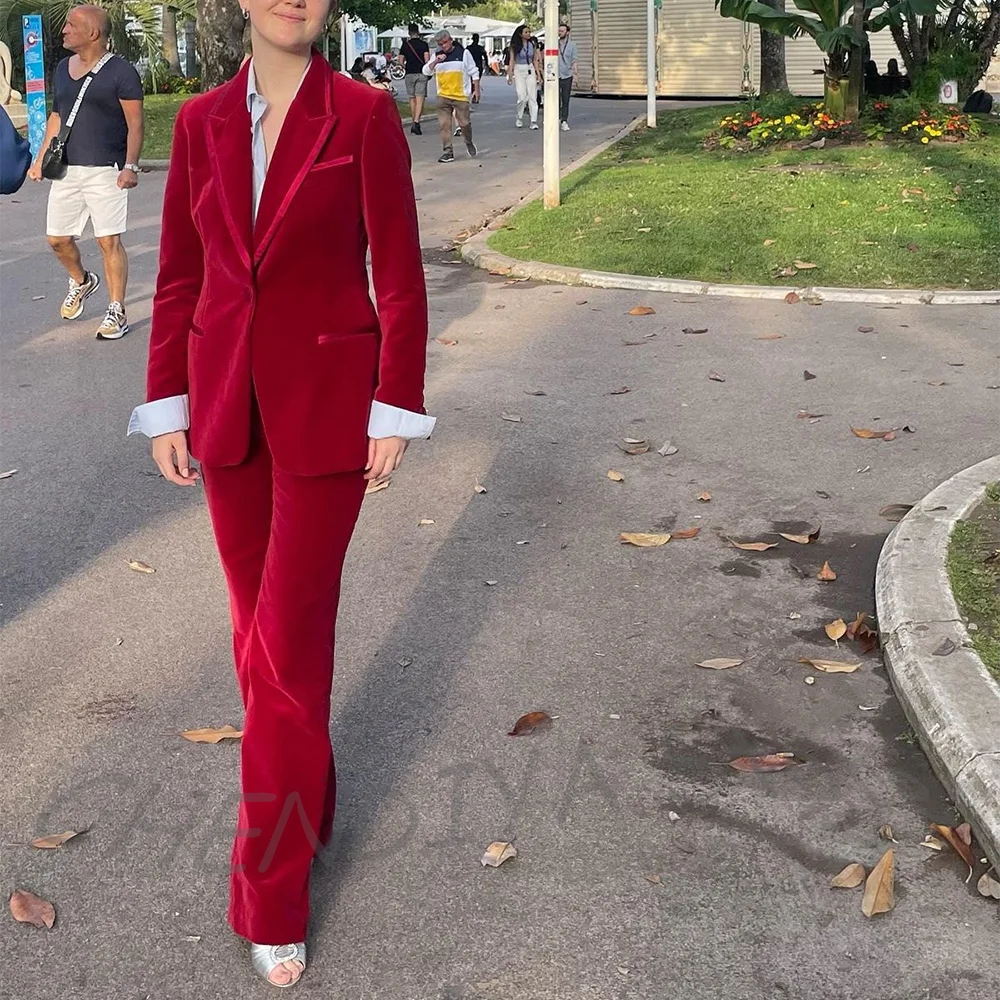Red Velvet Luxury Women Suit Slim Fitted Single Button Peaked Lapel Blazer Set Two Pieces Business Office Casual Outfit