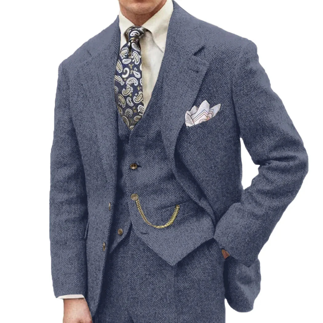 3 Piece Grey/Brown Mens Tweed Herringbone Wedding Suit Prom Tuxedos Peak Lapel Tweed for Business Slim Fit (Blazer+Vest+Pants)