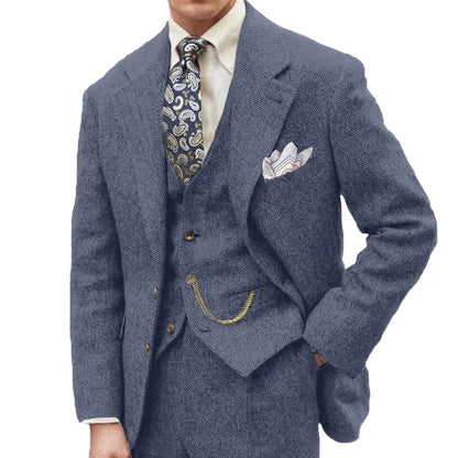 3 Piece Grey/Brown Mens Tweed Herringbone Wedding Suit Prom Tuxedos Peak Lapel Tweed for Business Slim Fit (Blazer+Vest+Pants)