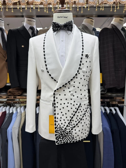 Black Elegant Beaded 2 Pieces Suit Jacket Man Banquet Dancing Wear Chic Shiny Double Breasted Men's Tuxedo Wedding Groom Sets