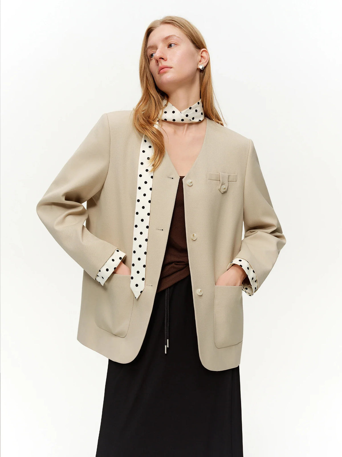 2025 Women's Black Polka Dot Blazer Spring New V-Neck Ribbon Bow Tie Long Sleeve Slim Jacket Retro Office Chic Outerwear