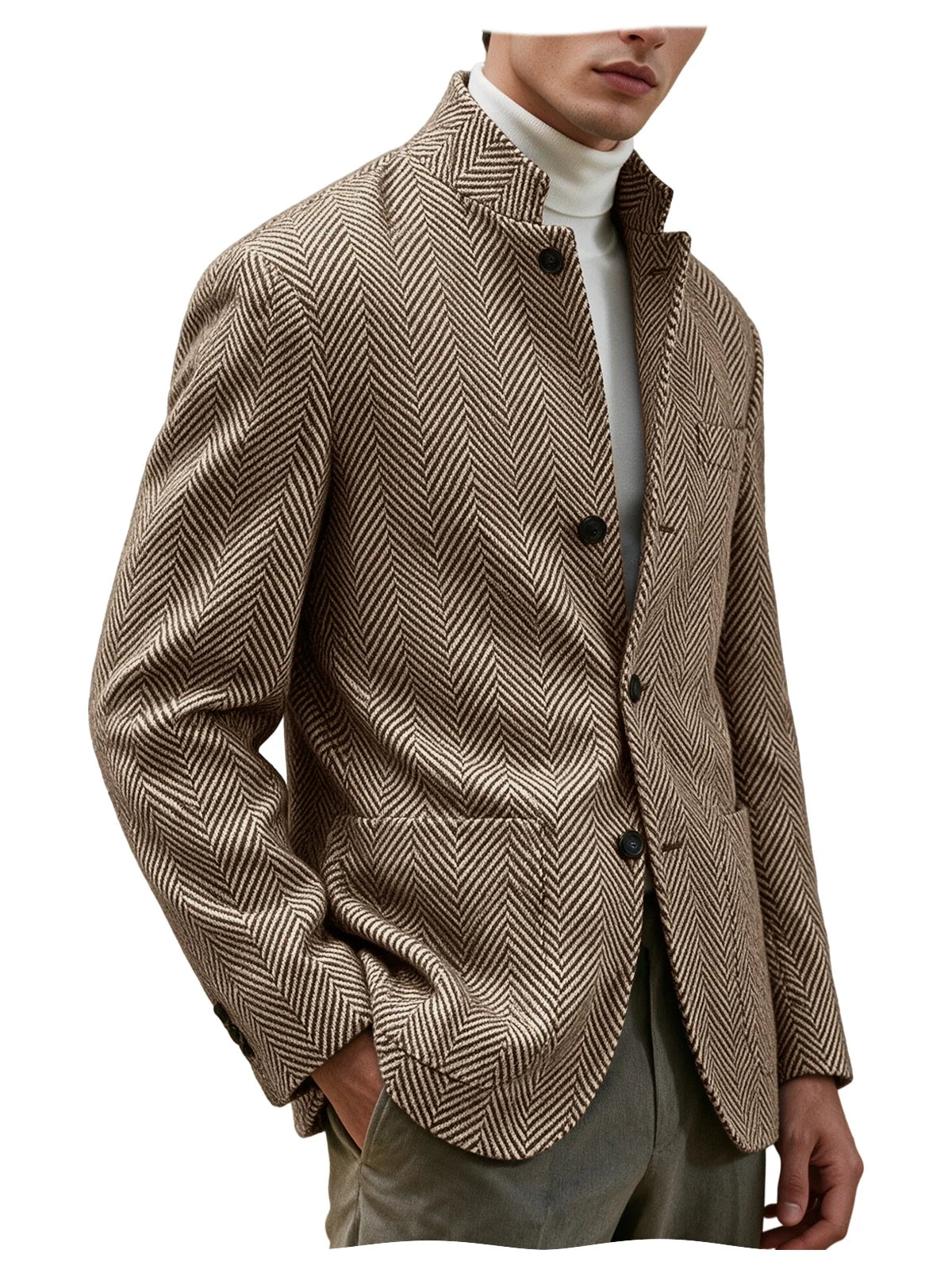 Men's Herringbone Tweed Stand Collar Blazer  Notch Lapel Slim Fit Wool Blend Sport Coat Business Casual Wedding Prom Man Jackets