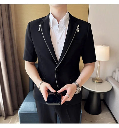 2023 Summer Zipper Decoration Blazers Men Casual Business Suit Jacket Slim Fit 3/4 Sleeve Streetwear Social Jacket Men Clothing