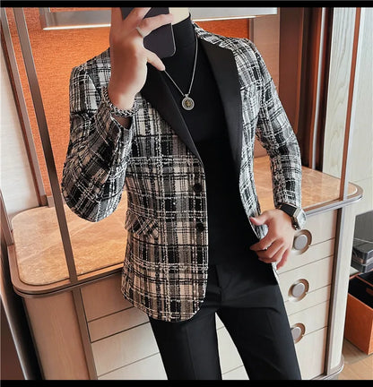 British Style Woven Suit Jacket Men Fashion Plaid Casual Business Blazer Gentleman Versatile Banquet Party Groom Wedding Coats