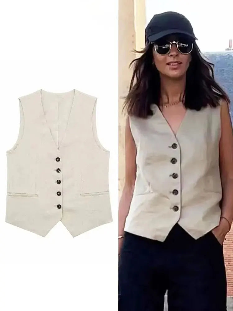 Summer Women Elegant Solid Single Breasted V Neck Casual Vest Top Female Fashion Office Lady Chic Outerwear Vest