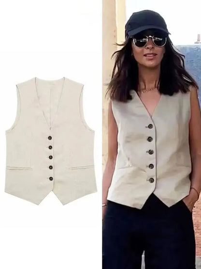 Summer Women Elegant Solid Single Breasted V Neck Casual Vest Top Female Fashion Office Lady Chic Outerwear Vest
