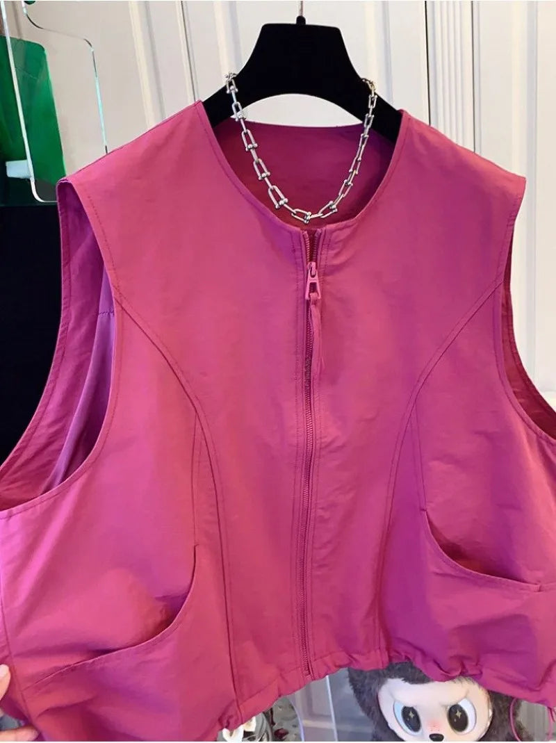 Women's Vest 2026 New Solid Color Round Neck Zipper Loose Sleeveless Jacket Vest Female Casual Tops Ladies Waistcoat Outerwear