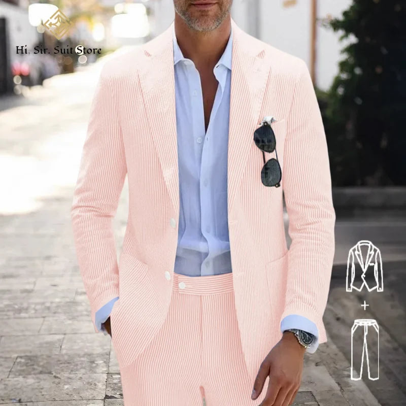 Men's Slim Fit Seersucker 2-Piece Suit Set – Blue Striped Smart Casual & Wedding