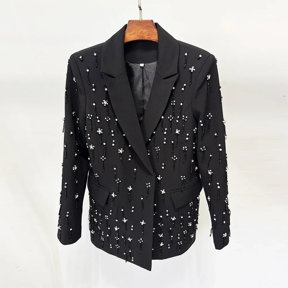 Solid Blazer Women Beaded Rhinestone Embellished Lapel Long Sleeve Dangling Charms Formal Evening Party Suit Jacket 2026