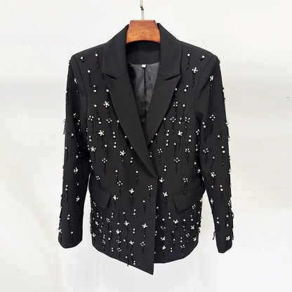 Solid Blazer Women Beaded Rhinestone Embellished Lapel Long Sleeve Dangling Charms Formal Evening Party Suit Jacket 2026