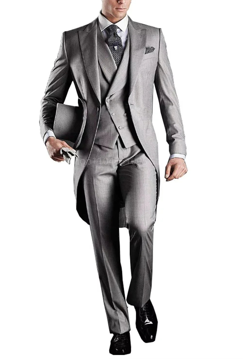 Men's 3-Piece Solid Long Tailcoat Tuxedo Set Formal Wedding Groom Clothing Jacket Pants Vest for Prom Party Fashion Male Suits