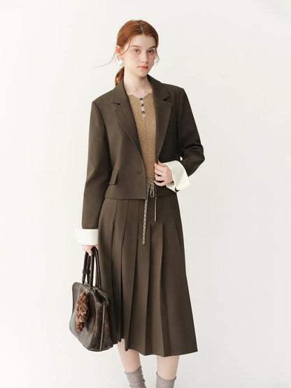 FSLE 2026 Fall Women's Korean-Inspired Petite Cropped Camel Acetate Lyocell Blend Blazer - Chic Office Commute Outerwear