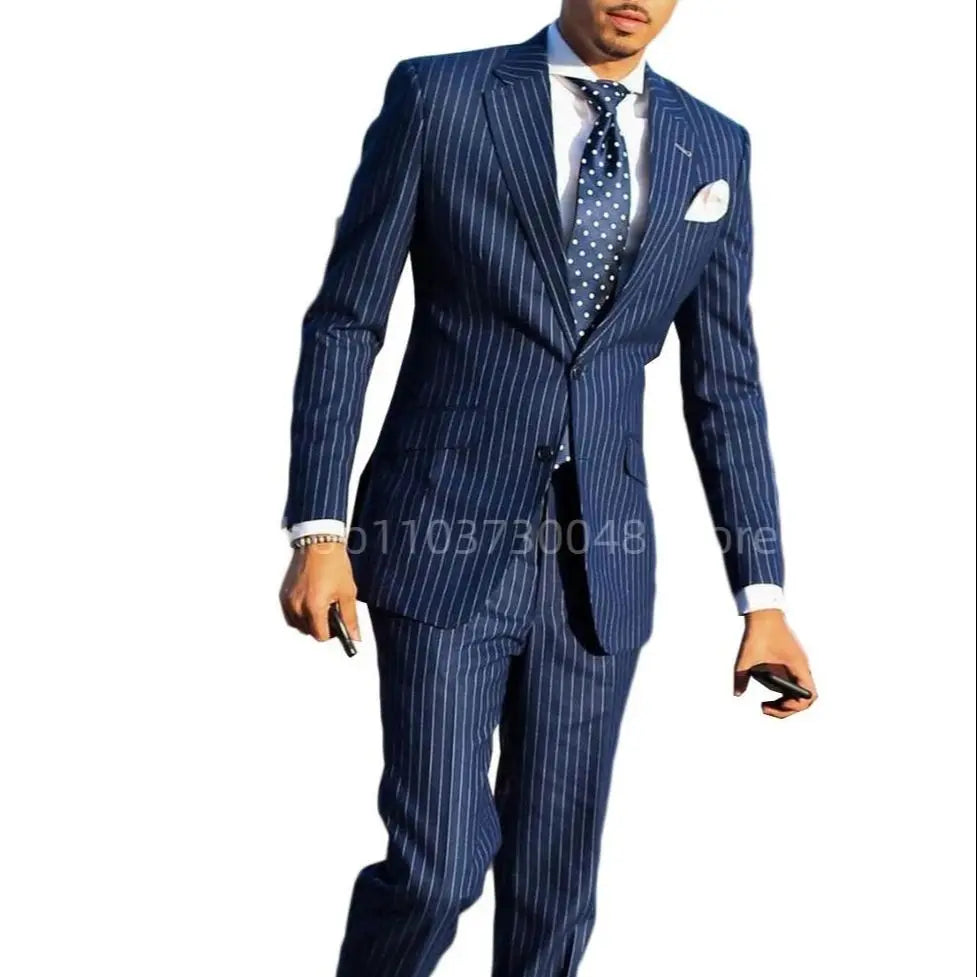 Navy Blue Striped Men Suits Slim Fit Notch Lapel Single Breasted Blazer Pants Set Wedding Groom Tuxedos 2 Piece Business Suits