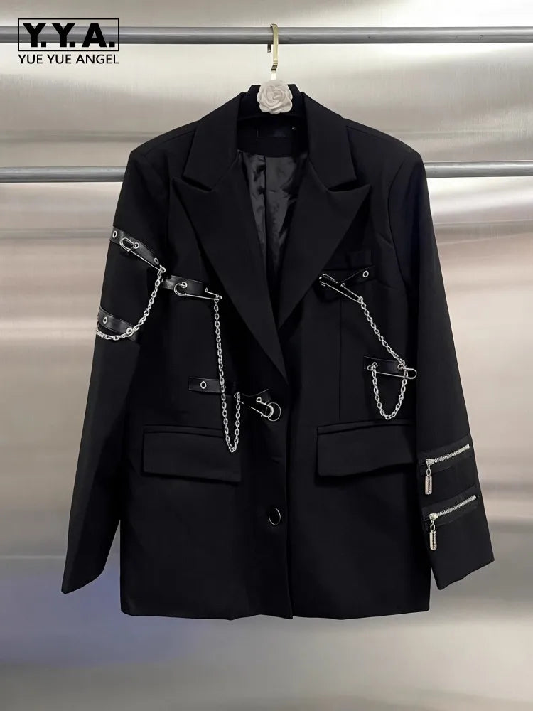 Fashion Chain Pin Design Women Blazers Black Suit Jacket Loose Fit Classic Shoulder Padded Coat Lapel Autumn Banquet Outerwear