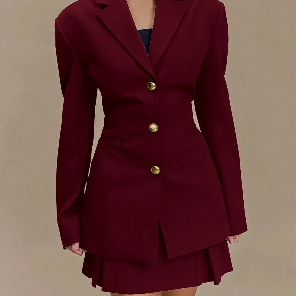 Women's Pleated Skirt Suit Set 2025 2Pieces(Tailored Blazer&High Waist Skirt) Office Chic Single-breasted Notch Lapel Outfit