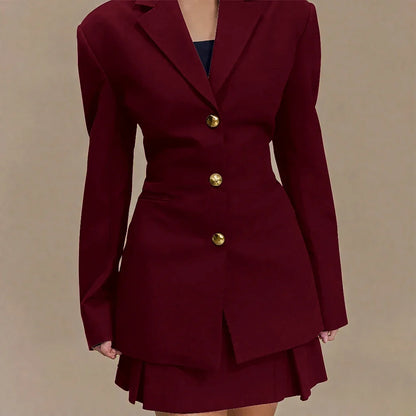 Women's Pleated Skirt Suit Set 2025 2Pieces(Tailored Blazer&High Waist Skirt) Office Chic Single-breasted Notch Lapel Outfit