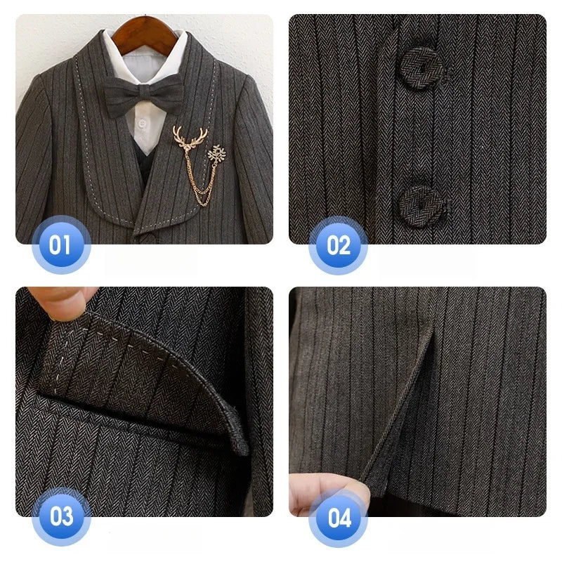 Kids Striped Suit Set Flower Boys Wedding Outfit Children's Jacket Vest Pants Bowtie Brooch 5Pieces Spring Autumn Clothes Set