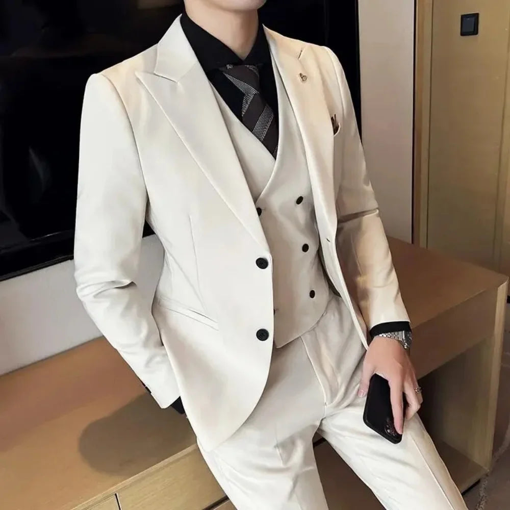 Men's Double Breasted Trench Coat Suit Casual Simple Blazer Vest Pants High Quality Recent Design Matching Set