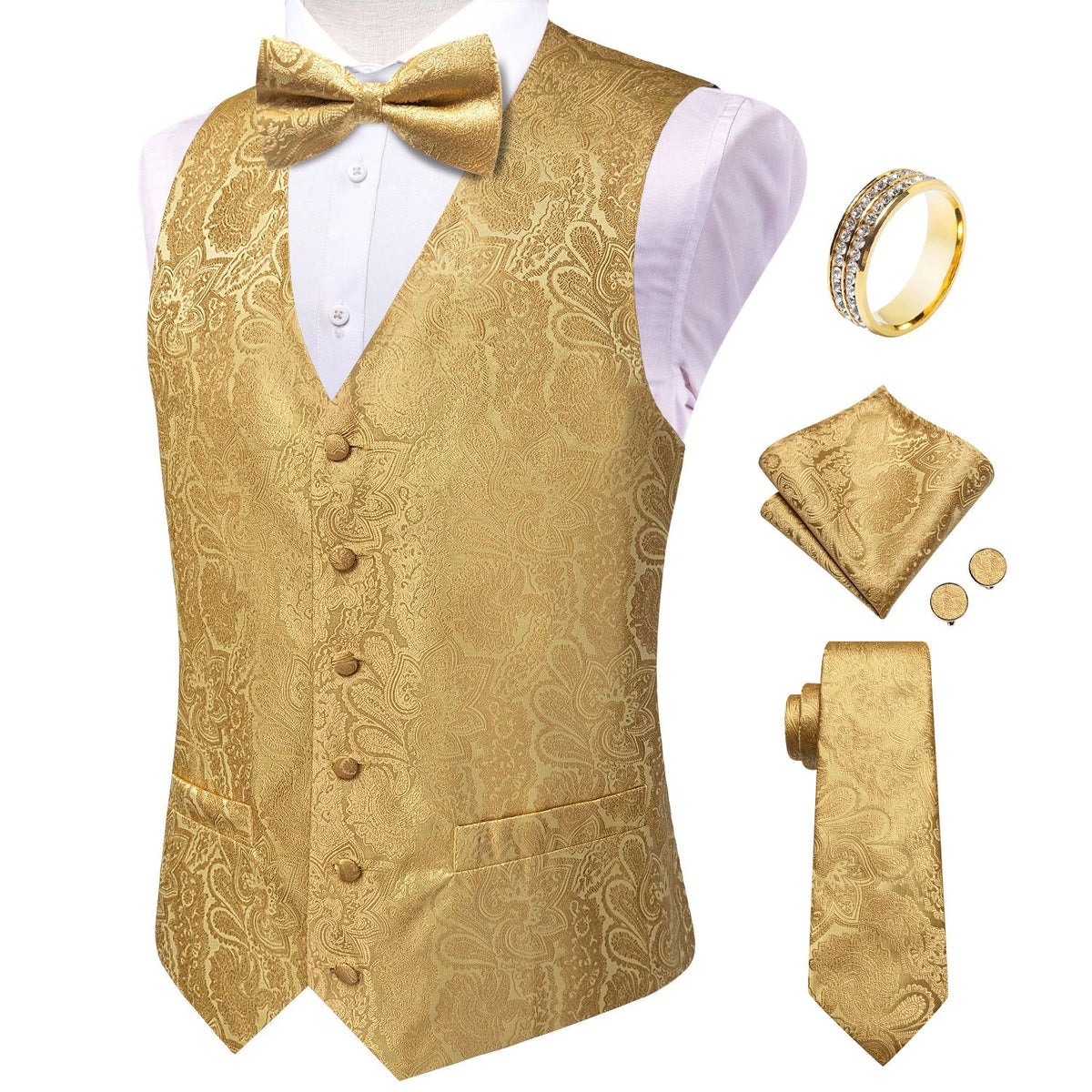 Men's Waistcoat 6-Piece Set – Gold Paisley Single Breasted Vest for Banquets & Formal Events