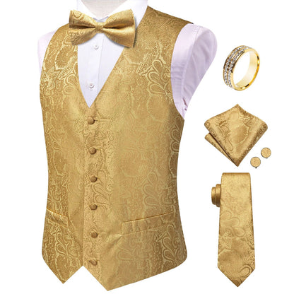 Men's Waistcoat 6-Piece Set – Gold Paisley Single Breasted Vest for Banquets & Formal Events