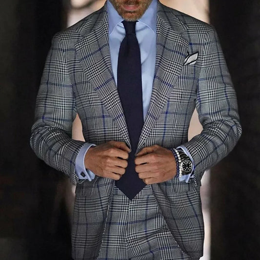 Vintage Grey Men Suits Slim Fit Tweed Houndstooth Checked 2 Piece Sets Single Breasted Formal Business Wide Lapel Customized