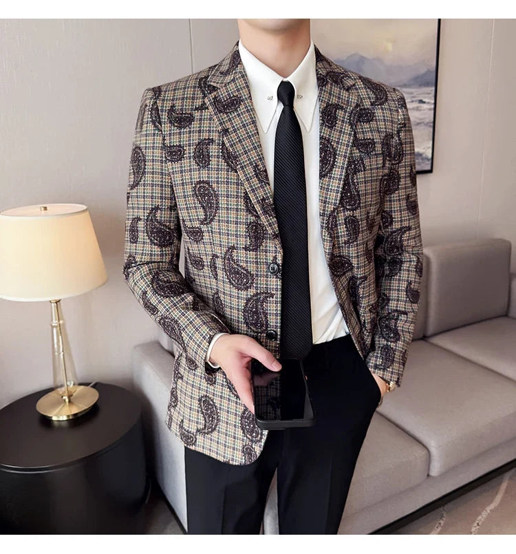 2025 Fashion Embroidery Jacquard Suit Jacket Korean Style Slim Fit Business Formal Social Prom Party Tuxedos Men Clothing 5XL-M