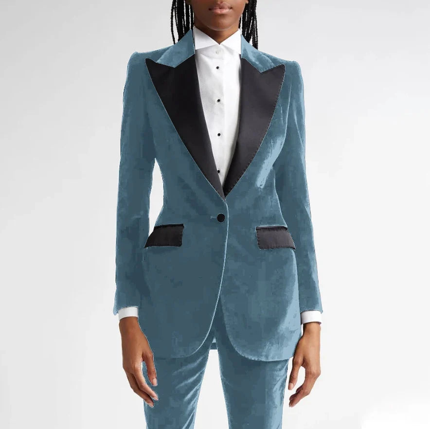 Black Flannel Women Suit Customized Single-grain Buckle Peaked Lapel Two Pieces(Jacket+Pants) Modern Business Office Lady Set