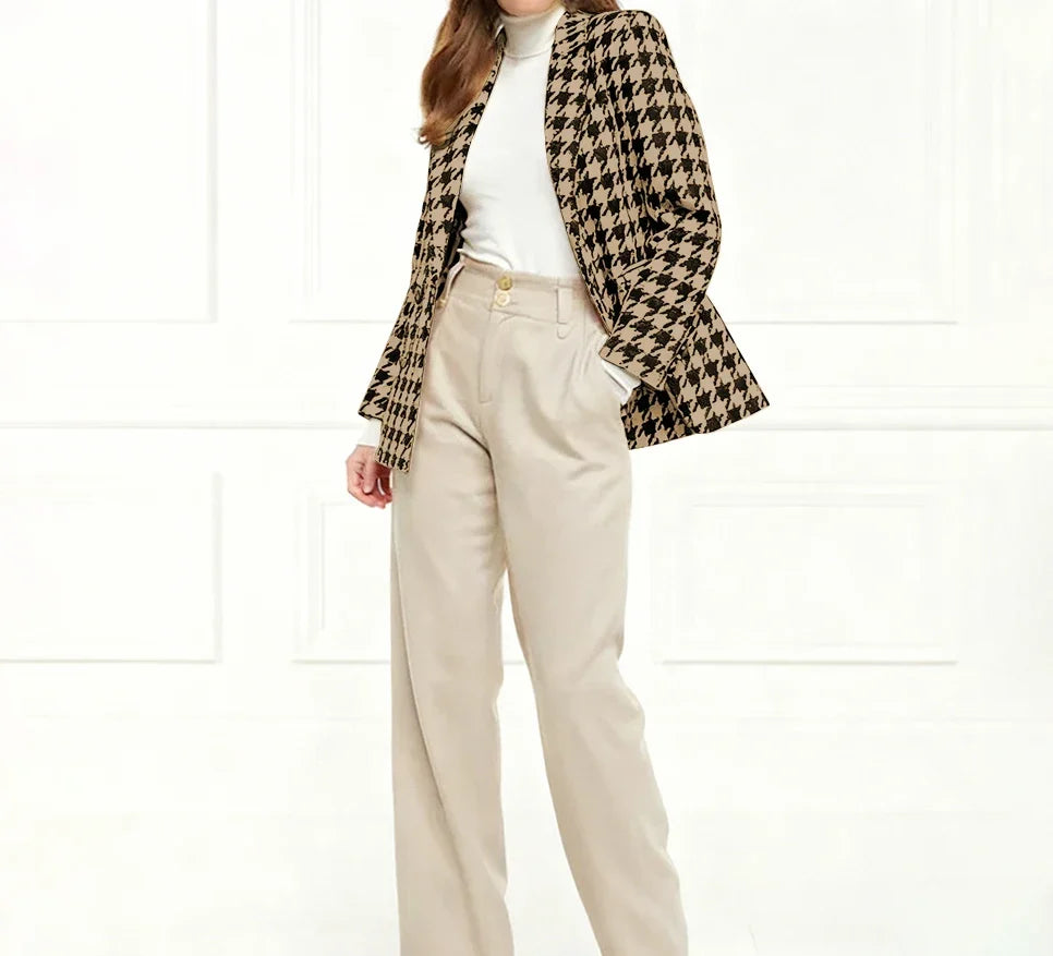 Chic Houndstooth Double Breasted Women Suit Two Pieces(Jacket+Pants) Lapel Outfits Chic Casual Party Prom Wedding Set
