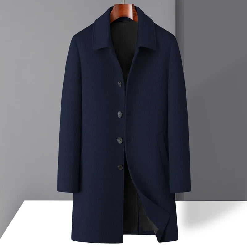 High-quality men's fashionable, stylish and versatile solid-color casual long woolen overcoat, wool woolen overcoat