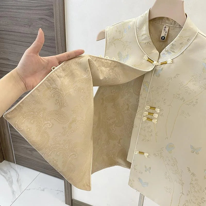 Spring Autumn Chinese Style Sleeveless Vest Coat For Women Stand Collar Jacquard Waistcoat Spring Summer Thin Lined Tank Tops