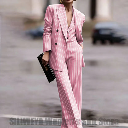 Navy Women's Striped 3 Piece Suit Double Breasted Blazer Vest Wide-Leg Pants Set Fashion Formal Party Office Casual Outfit