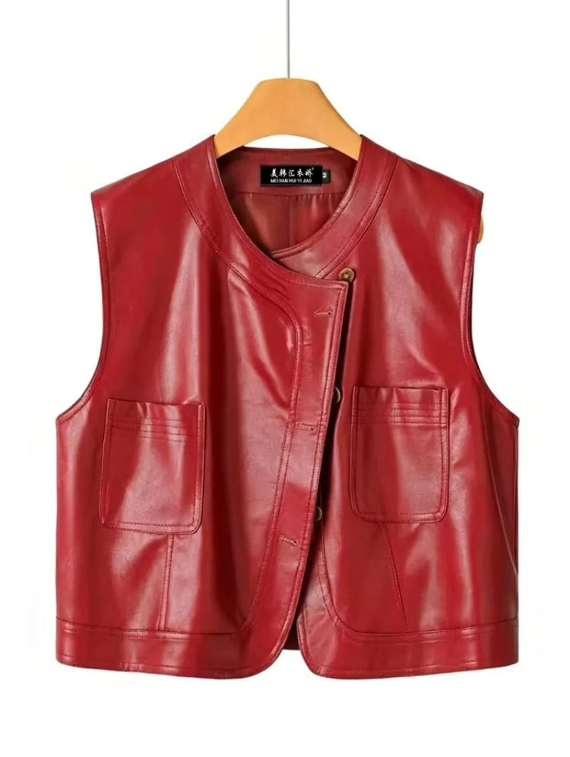 Pu Leather Vest Women Short Sleeveless Jacket 2026 Autumn New Solid Single-breasted Female Imitation Leather Waistcoat Outerwear