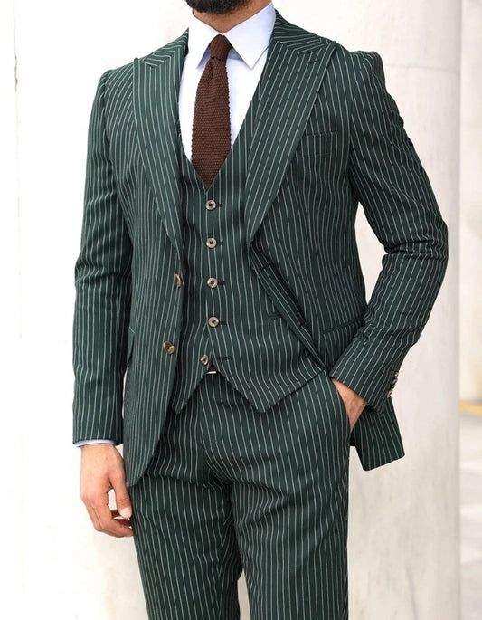 Formal Dark Green Men's Suits Business 3 Piece Sets Single Breasted Suit Striped Tuxedo Peak Lapel Banquet Suits Male Customized
